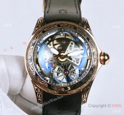 Buy Replica Corum Bubble Squelette 'Tattoo' Watch Rose Gold Leather Strap